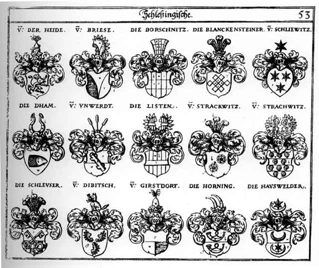 Coats of arms of Blanckenstein, Blanckensteiner, Briese, Dham, Dibitsch, Gilstdorff, Hauswelder, Hayd, Heide, Horning, Hornung, List, Listen, Lysten, Planckenstein, Schliewitz, Scleuser, Strachwitz, Strackwitz, Unwerth