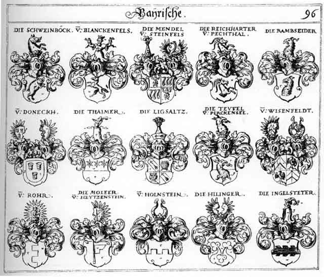 Coats of arms of Blanckenfels, Doneckh, Heytzenstein, Hilinger, Holenstein, Holnstein, Ingelstetter, Ligsaltz, Mendel, Moleer, Moller, Rambserder, Reicharten, Reichhalter, Rohr, Schweinböckh, Schweinpeckh, Steinfels, Teuffel, Thaimer, Wiesenfeldt, Wisenfeldt