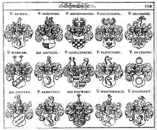 Coats of arms of Anweil, Bernstatt, Dachenhausen, Degenfeldt, Entzberg, Güdlingen, Güttlingen, Habsperg, Hofwart, Plieningen, Schellenberg, Schellenberger, Spetten, Tachenhausen, Wernaw, Westernach, Westernacher, Zulnhart