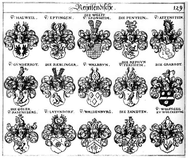 Coats of arms of Affenstein, Bentzen, Eptingen, Goeler, Göler, Grarodt, Gunderrot, Hallweil, Latendorf, Pensen, Pentz, Pentzen, Räblinger, Raeblinger, Rephun, Walburn, Waldenburg, Wölff, Wölffen, Wolfsgeil, Zandt, Zandten