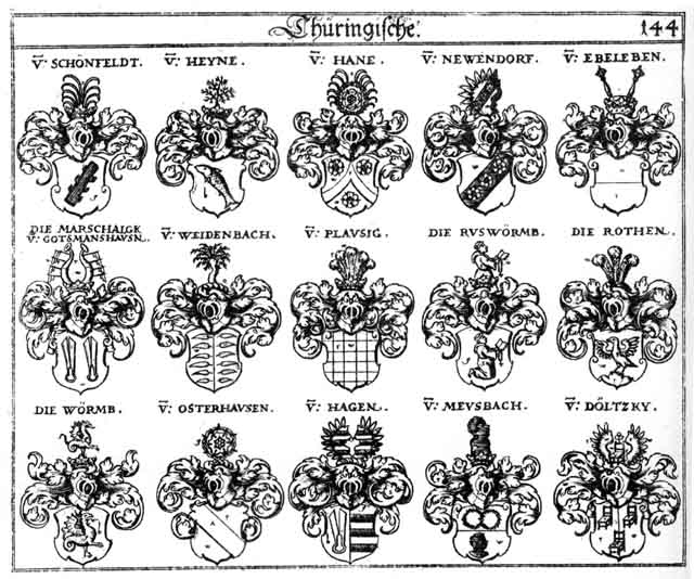 Coats of arms of Doltzky, Ebeleben, Haanen, Hagen, Haggen, Hagn, Hahnen, Hainen, Hane, Hanen, Hannen, Heine, Heyne, Meurbach, Newdorff, Newendorff, Osterhausen, Plausig, Roden, Rodt, Roten, Roth, Rothen, Ruswormb, Schönfeld, Weidenbach, Wörmb