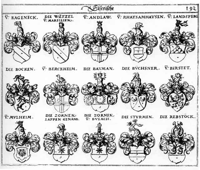 Coats of arms of Andlaw, Baumann, Bawmann, Berckheim, Berstet, Bock, Bocken, Büchsner, Kageneck, Landesberg, Landsperg, Landsperger, Lappen, Mülheim, Müllenheim, Mylheim, Rebstock, Rhatsamhaufen, Sturmen, Wetzel, Zor, Zornen, Blumenau