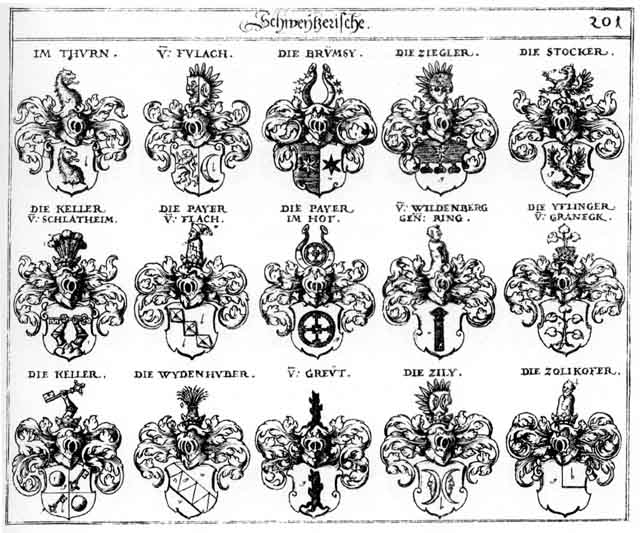 Coats of arms of Brümsy, Fulach, Graneck, Greut, Keller, Pauer Hof, Ring, Stocker, Stockher, Thurn, Thurn, Wildenberg, Wydenhuber, Yflinger, Yllinger, Zegler, Ziegler, Zigler, Zily, Zolikofer, Zolykofer, Zotlickhoffer, Zyli