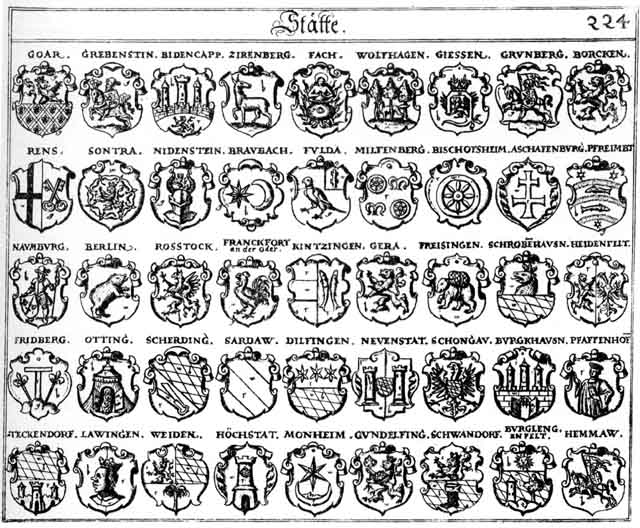 Coats of arms of Aschaffenburg, Berlin, Bidencapp, Bischoffsheim, Borcken, Braupach, Burghausen, Burglen, Enfeld, Fach, Franckfurt an der Oder, Freysingen, Fridberg, Fulda, Gera, Giessen, Goar, Grebenstein, Grünberg, Gundelfingen, Heidenfeldt, Hemmaw, Höchstatt, Lauwingen, Miltenburg, Monheim, Naumburg, Neuenstatt, Nidenstein, Öttingen, Pfaffenhofen, Pfreimbt, Rostock, Sardaw, Scherding, Schongau, Schwandorff, Sontra, Teckendorff, Weiden, Wolfhagen, Zirenberg