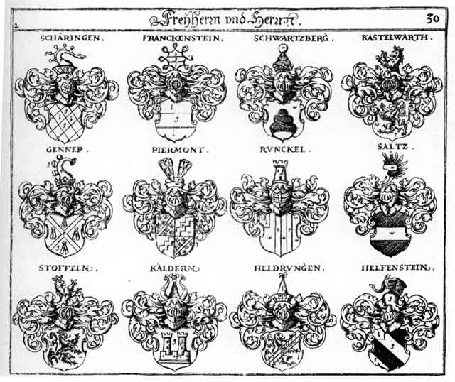 Coats of arms of Franckenstein FH, Gennep FH, Heldrungen FH, Helfenstein FH, Kaldern FH, Kastelwarth FH, Piermont FH, Runckel FH, Saltz FH, Schëringen FH, Schwartzberg FH, Stoffeln FH