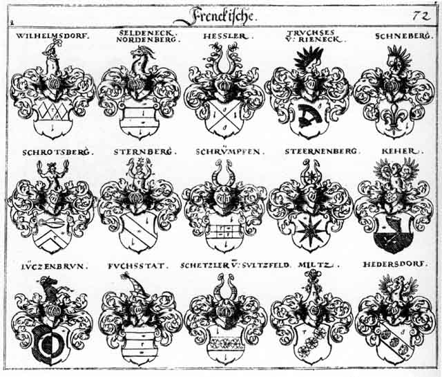 Coats of arms of Fuchsstat, Hedersdorff, Hessler, Hoesler, Keher, Luczenbrun, Miltz, Nordenberg, Schetzler, Schneberg, Schneberger, Schneeberg, Schrimpfen, Schrotsberg, Schrümpfen, Seldeneck, Steernenberg, Sternberg, Truchsesen, Wilhelmsdorff