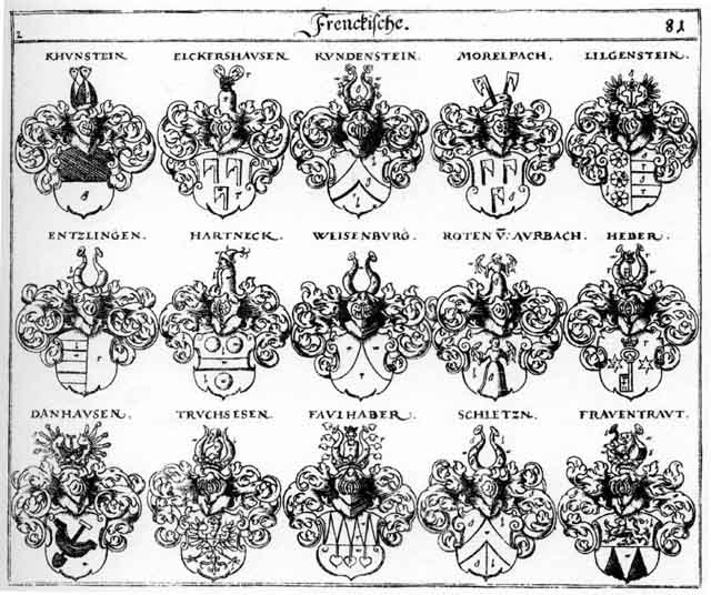 Coats of arms of Danhausen, Elchershausen, Entzlingen, Faulhaber, Frauentraut, Hartneck, Heber, Khunstein, Kuhnstein, Kundenstein, Lilgenstein, Morelbach, Roden, Rodt, Roten, Rothen, Schletzn, Tannhausen, Truchsesen, Weisenburg