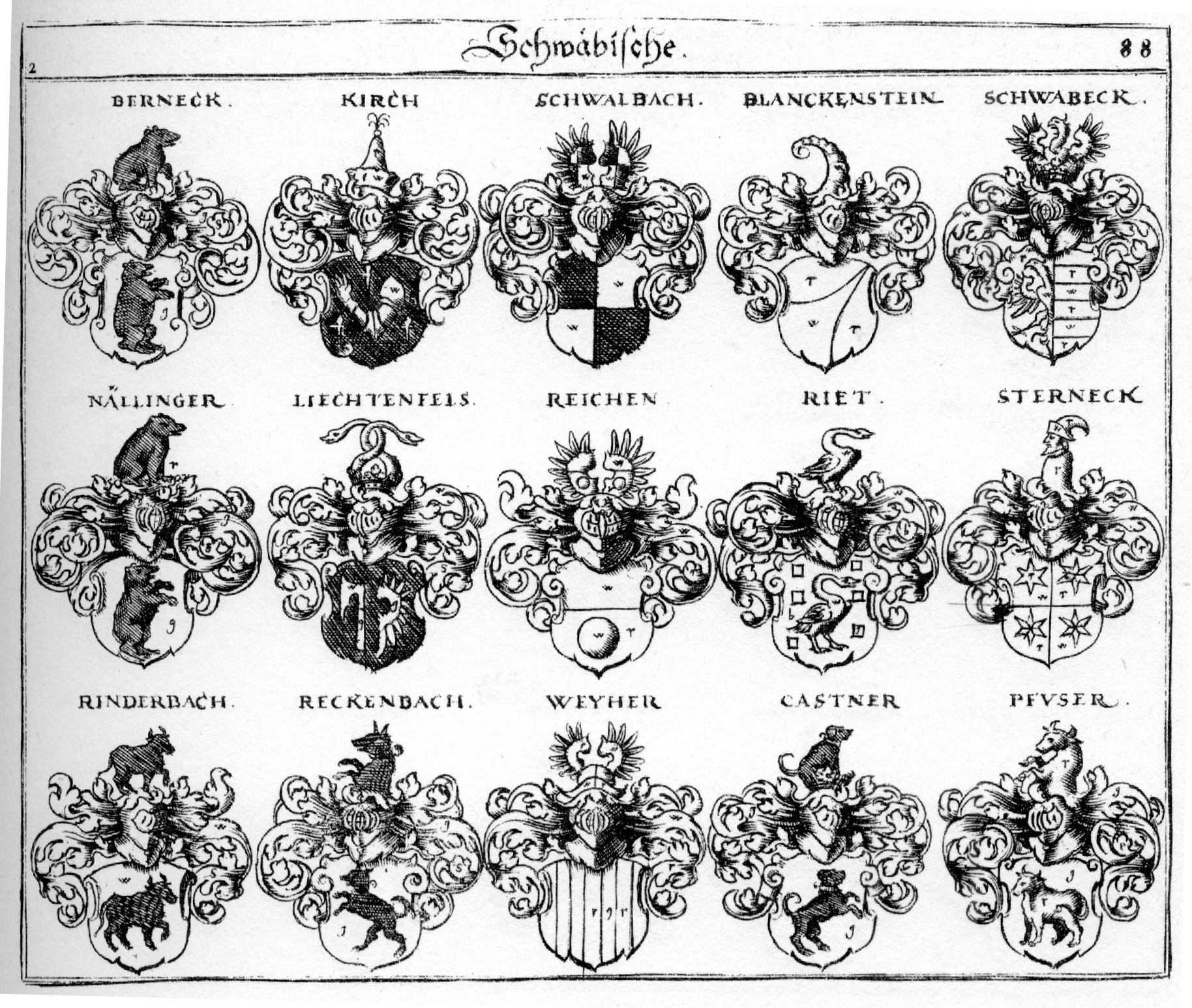 Coats of arms of Berneck, Blanckenstein, Blanckensteiner, Buech, Castner, Kirchlen, Liechtensels, Lintzer, Naellinger, Nällinger, Pfuser, Planckenstein, Reckenbach, Reichen, Riedt, Riet, Rinderpach, Schwabeck, Schwalbach, Sterneck, Weyer, Weyher