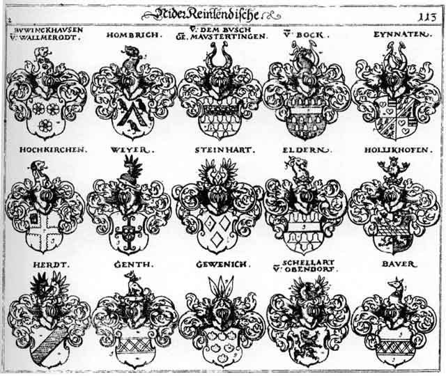 Coats of arms of Bauer, Bauren, Bauwern, Bock, Bocken, Bubinghausen, Buwinckhausen, Eldern, Eynnaten, Gent, Genth, Gewenich, Herden, Herdt, Hochkirchen, Hollickhofen, Hombrich, Maustertingen, Pauern, Von Busch, Weiher, Weyher