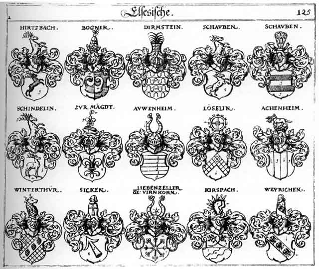 Coats of arms of Achenhelm, Auwenheim, Bogner, Dirmstein, Hirtzbach, Kirsbach, Liebenzeller, Loeselin, Löselin, Schauben, Schindelein, Sicken, Virkorn, Virnkorn, Weyrichen, Windterthür, Winterthur, zur Mägdt
