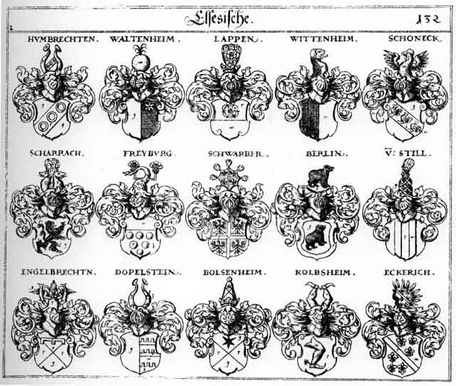 Coats of arms of Berlin, Bolsenheim, Dopelstein, Eckerich, Engelbrecht, Freyburg, Humbrecht, Humprechten, Kolbsheim, Lappen, Scharrach, Schwarber, Stiehl, Still, Waltenheim, Wittenheim