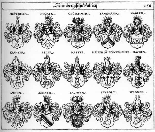 Coats of arms of Ammon, Bucken, Esler, Geuschmidt, Haiden, Haller, Hayd, Hayden, Haydtn, Heyden, Kestel, Krauter, Langmann, Meuerlein, Pucken, Sachs, Sachsen, Seyboldt, Seyboldten, Wagner, Zenner