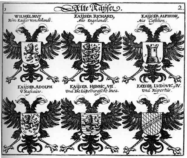 Coats of arms of Adolph V Nassau, Alphonsus V Castilen Kays, die Lützenburg, Heinrich VIII, Kaif, Kaifer, Kaiser, Kays, Kon, Linie, Ludovicus IV  R, Richardus R, Röm Kay, und, unterschiedlichalte, Wilhelmus V  Holland