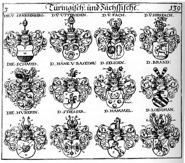 Coats of arms of Brand, Brandt, Fach, Haanen, Hahnen, Hammel, Hane, Hanen, Hannen, Huberin, Prand, Schmidt, Schmidten, Schmit, Seligen, Sparrenberg, Stiesser, Utteroden