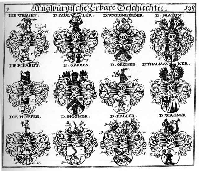 Coats of arms of Eckardt, Eckhardt, Egghart, Garben, Hofner, Hopffer, Kolben, Mair, Mayer, Mayr, Meier, Miller, Müller, Mullner, Myller, Paller, Thalmänner, Wagner, Warenberger, Weisen, WeisS Weysen, Weissen