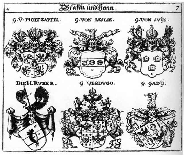 Coats of arms of Gady, Holtzapfel, Leslie, Suys, Verdugo