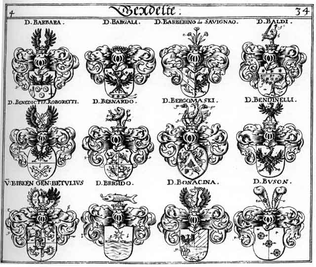 Coats of arms of Baldhoft, Baldi, Bandinelli, Barbara, Barberino, Bargali, Bergomaski, Bernardo, Betulius, Bircken, Bonacina, Brigido, Buson, de Benedictis