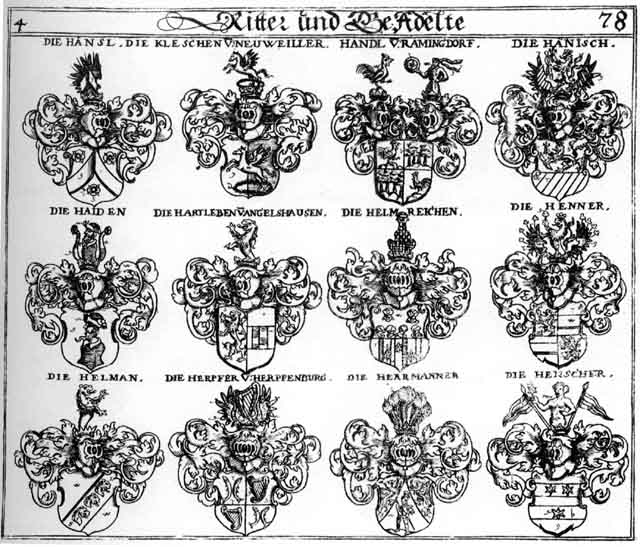 Coats of arms of Haid, Haiden, Haidten, Haindl, Handl, Hanisch, Hansl, Hartleben, Hayden, Heiden, Helman, Helmreichen, Hendl, Henner, Henscher, Herpfer, Herrmanner, Kleschen