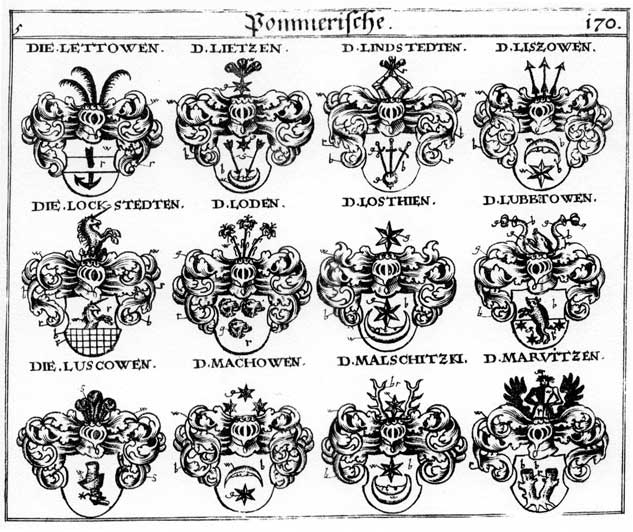 Coats of arms of Lettowen, Lietzen, Liszowen, Lockstetten, Loden, Losthien, Lothen, Lubbetowen, Luscowen, Lützen, Machowen, Malschitzki, Marant, Marvitzen