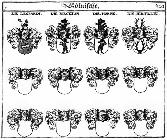 Coats of arms of Bircklin, Birglin, Hirtzlin, Horn, Horne, Hornen, Leopardi